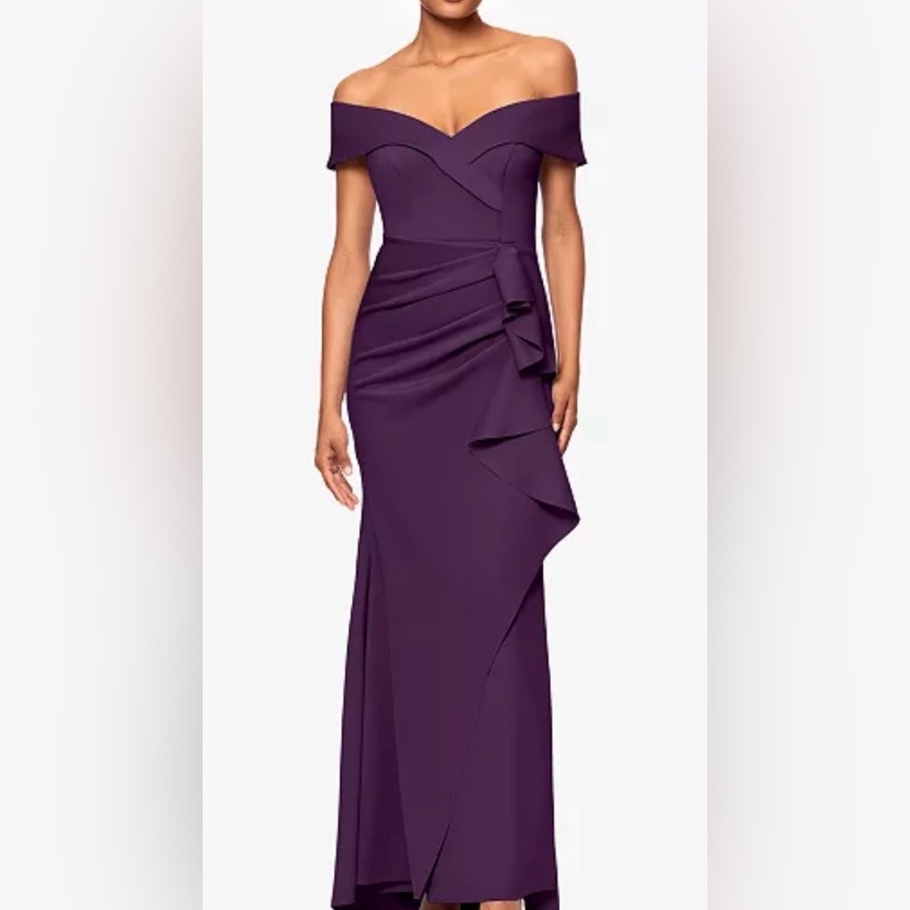 Xcape of-the-Shoulder Plum Evening Gown